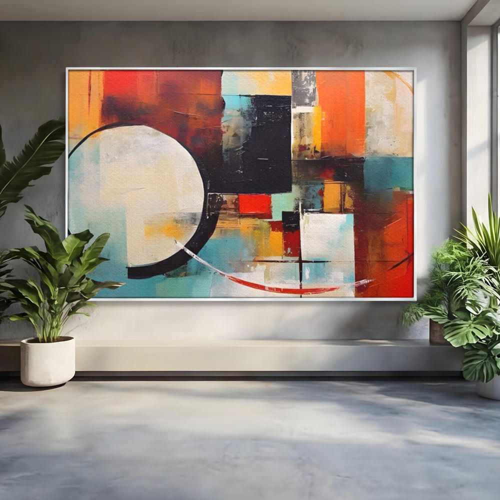 Tablou canvas cu pictura abstracta cu cercuri si linii, in rama de aluminiu argintiu